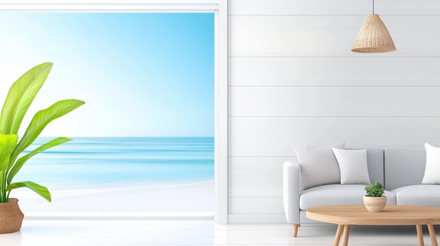 Serene Coastal Living Room Scene with Bright Ocean View and Modern Decor, Evoking Relaxation and Calmness in a Coastal Retreat Space,Office interior backdrop for online meetings