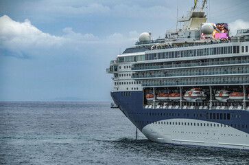 Modern ruiseship cruise ship liner Explorer 2 anchored offshore of Zakynthos island in Greece...