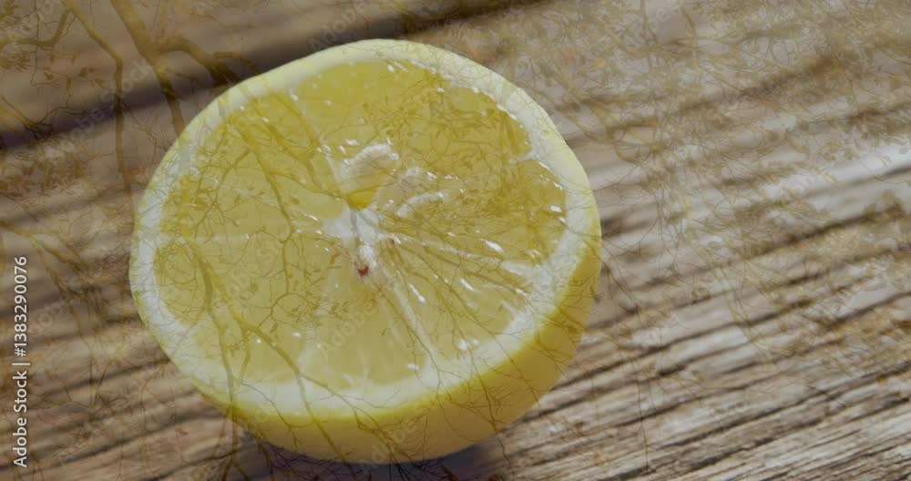 Poster half lemon with leaf pattern animation on wooden surface, creating artistic effect