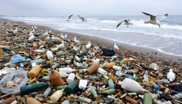 Pollution crisis seagulls amidst debris on beach coastal cleanup tragic environment aerial view awareness