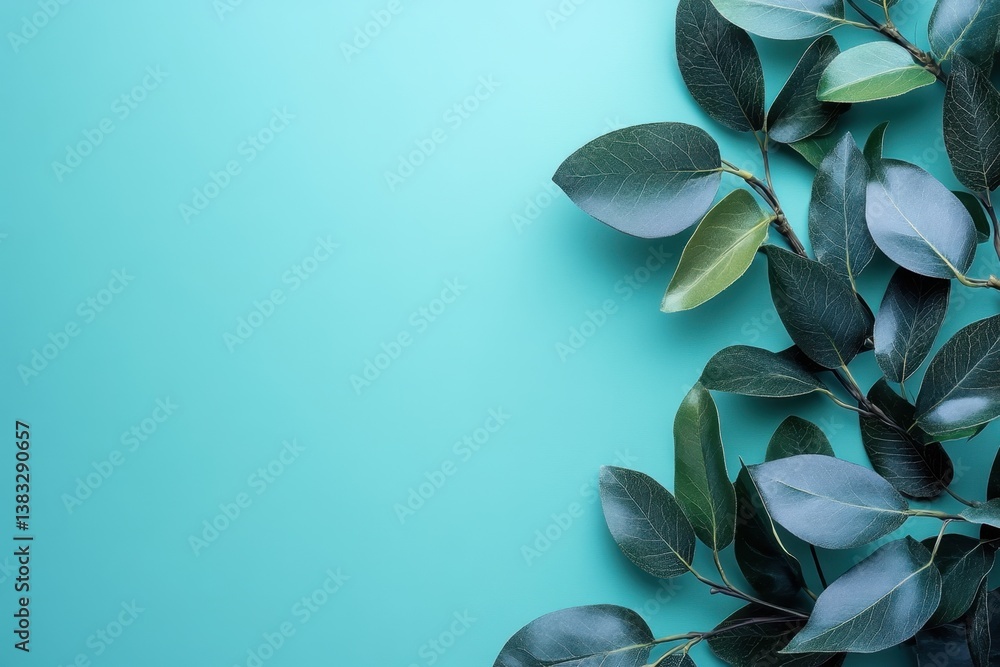 Poster lush green leaves on a serene turquoise backdrop creating a calming botanical composition with soft 