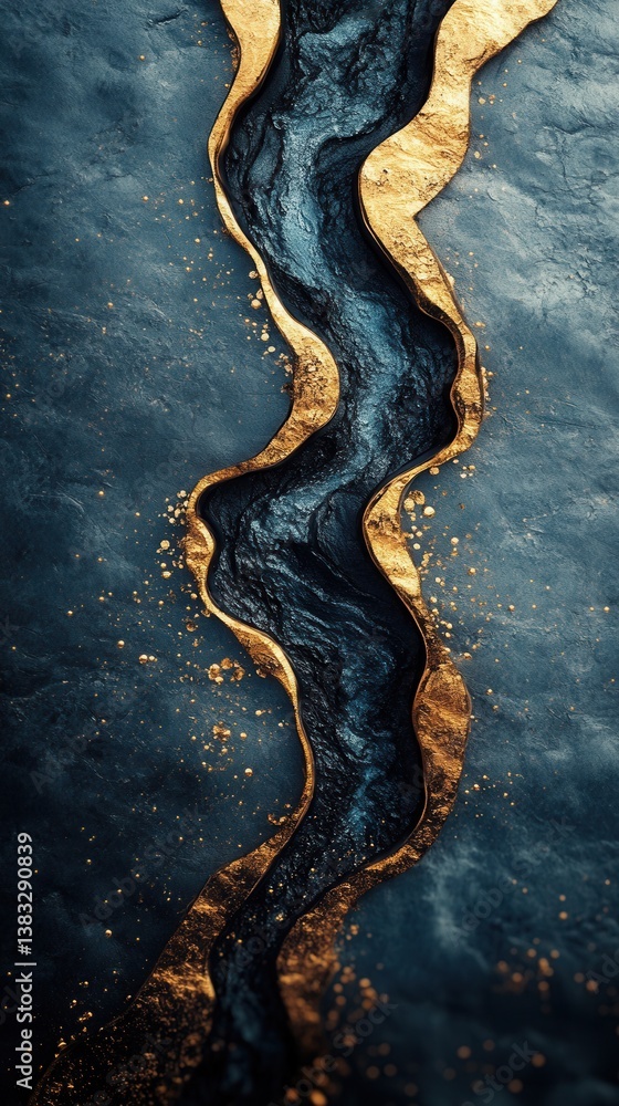Poster captivating abstract river of gold flowing through dark blue stone creating a striking visual textur