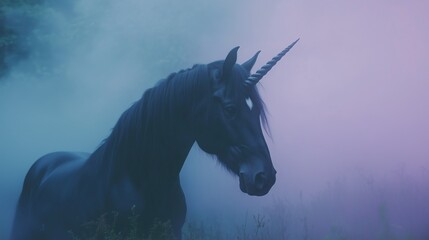 Fototapeta premium Majestic black unicorn with glowing mane in mystical foggy forest