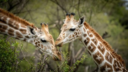 two giraffe eating grass 