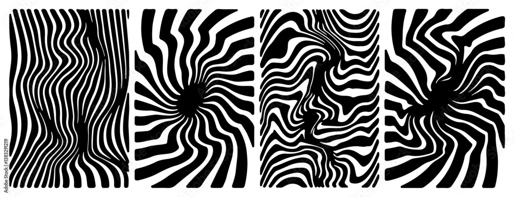 Poster Four black and white abstract designs with wavy and swirling lines. Each image features dynamic patterns creating strong optical illusions, ideal for modern art and decoration purposes.
