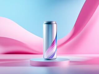 Silver Aluminum Can with Abstract Design on Pastel Pink and Blue Background