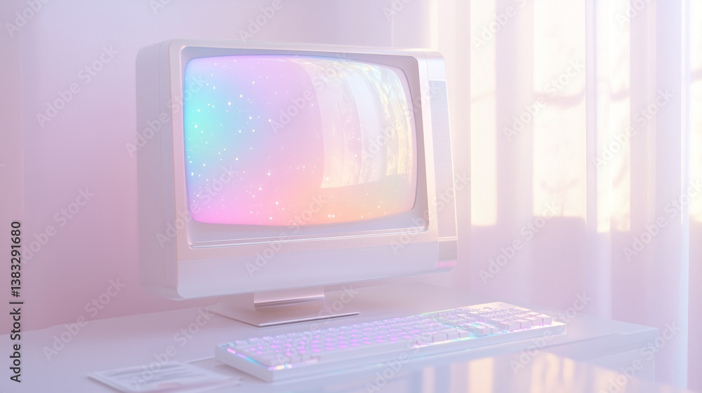 Poster retro computer with neon colors on display