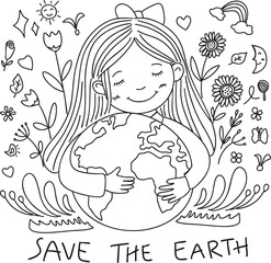 A black and white line drawing features a smiling girl with long hair and a bow, gently hugging the Earth. Earth day doodle for April 22. 
