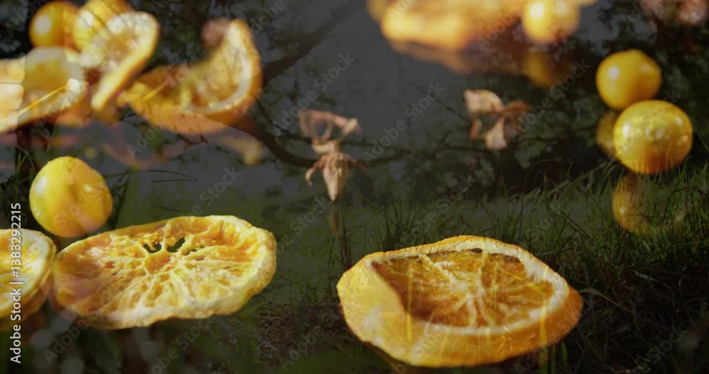 Poster oranges sliced and whole with animation in nature, trees and grass surrounding