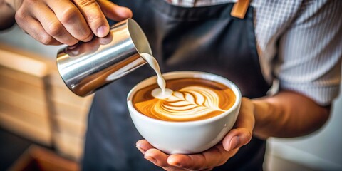 Close-up of a barista’s hands pouring latte art into a white cup.