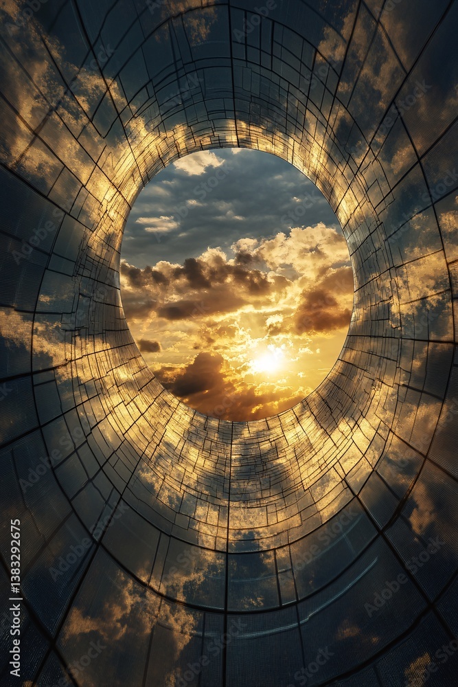 Aufkleber modern architecture tunnel framing dramatic sunset sky with clouds