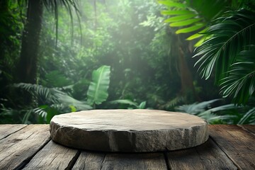 Natural product display with a round stone pedestal on rustic wooden planks, surrounded by lush green tropical foliage in a softly lit jungle setting.