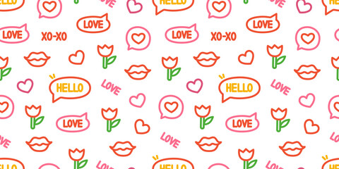 Seamless pattern with cute romantic doodles including hearts, lips, tulips, speech bubbles with words like love, hello, and xo. Fun design on a white background. Perfect for Valentine's themes.
