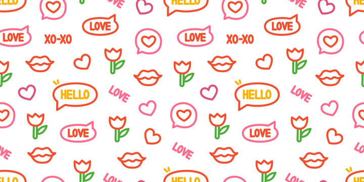 Seamless pattern with cute romantic doodles including hearts, lips, tulips, speech bubbles with words like love, hello, and xo. Fun design on a white background. Perfect for Valentine's themes.