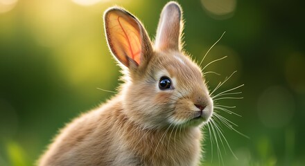 Fototapeta premium A sweet young bunny basking in the golden sunlight of a spring meadow, its soft fur glowing with warmth and gentle bokeh background.