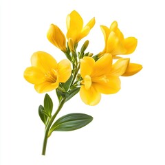 Obraz premium Isolated stem of vibrant yellow freesia flowers with green leaves