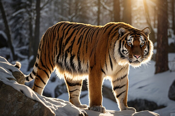 Obraz premium Siberian tiger resting on snowy rock in winter forest.