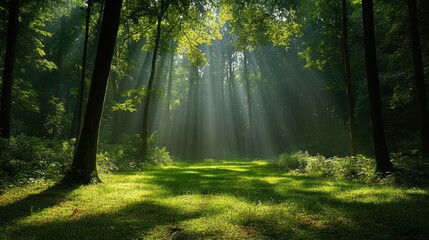 Obraz premium Sunlight streams through forest