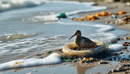 Fototapeta premium Bird nesting amid pollution coastal beach environmental awareness natural habitat wildlife photography conservation concept