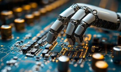 a robotic hand interacting with a circuit board, showcasing technology and innovation. The robotic hand is detailed and futuristic, highlighting technological advancement