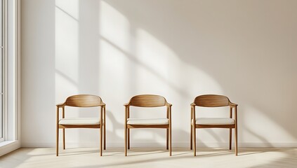 Minimalist waiting area with three identical light walnut wood armchairs featuring cream-colored seats, bathed in soft sunlight, casting subtle shadows on a white wall.