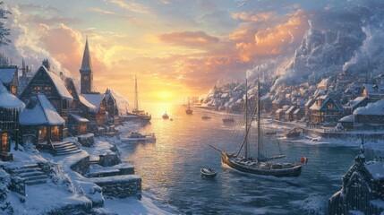 Serene winter landscape with a harbor, boats, and a sunset over snow-covered mountains.