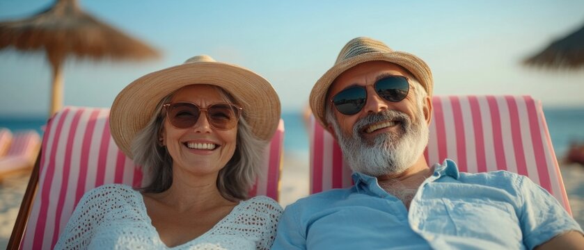 Joyful senior couple relaxing on beach chairs under straw umbrellas enjoying tropical vacation getaway with turquoise sea and clear blue sky