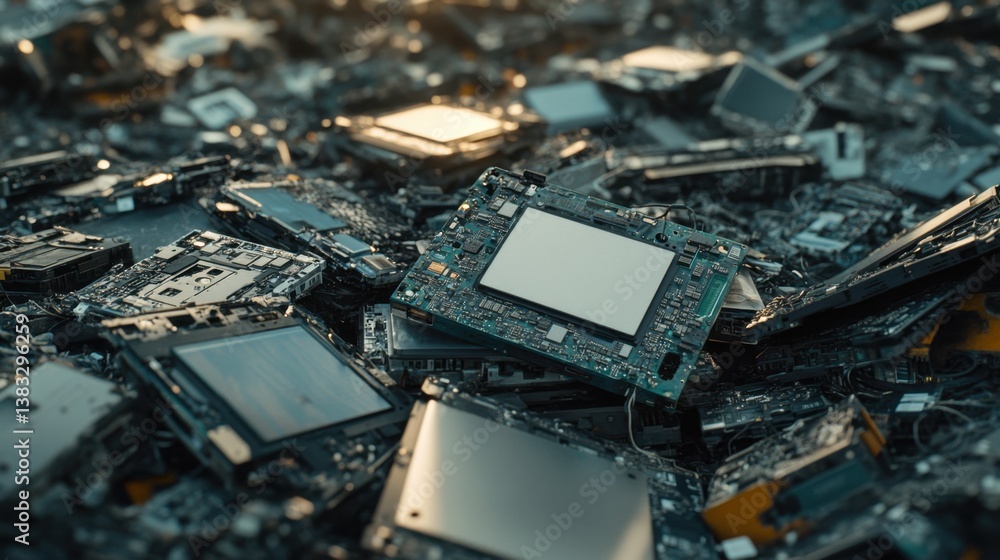Poster discarded electronic devices and circuit boards representing obsolete technology and environmental c