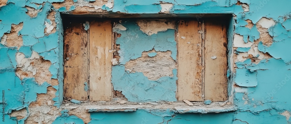 Poster weathered window frame with peeling turquoise paint and wooden shutters evoking decay and abandonmen