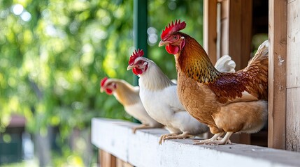 Fototapeta premium Vibrant Chickens Standing on Wooden Rail in Barnyard Setting