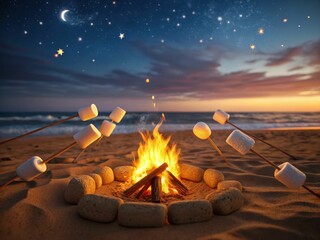 A cozy campfire scene on the beach at night, with marshmallows roasting under a starry sky, creating a warm and inviting atmosphere.