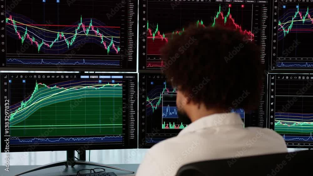 Poster stock market broker looking at graphs on multiple screens