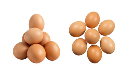 Fresh Farm Brown Chicken Eggs Arranged in Decorative Pattern, Natural Organic Poultry Product Group Shot Isolated on Transparent and White Background