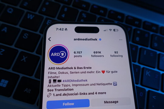 Kiel, SH, Germany, 04-04-2025: ARD Mediathek & Das Erste Engages Followers with Dynamic Content on Instagram Platform