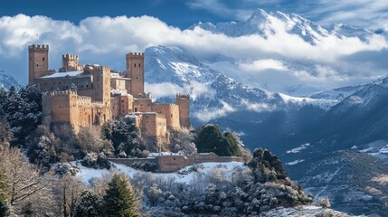 A majestic castle surrounded by snow-covered mountains under a blue sky.