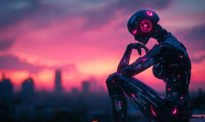 Naklejka premium a futuristic android thoughtfully observing the city at sunset. The android features a sleek, metallic design with glowing neon accents, set against a vibrant sky