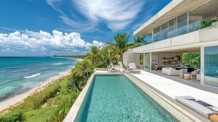 Fototapeta premium Oceanfront villa infinity pool, tropical beach, luxury vacation rental