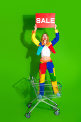 Colorful young woman holding a sale sign while standing in a shopping cart against a vibrant green...
