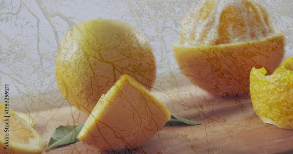 Poster tree branches pattern overlaying slices of orange and whole fruit in animation