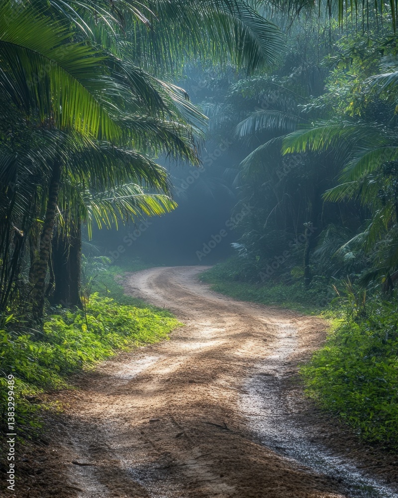 Poster serene jungle path illuminated by sunlight cutting through the misty canopy creating a tropical adve
