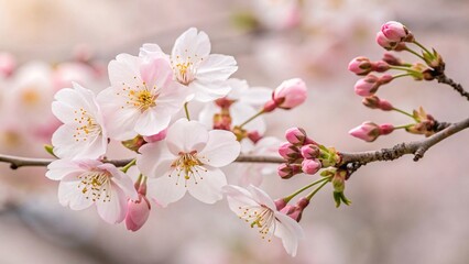 Obraz premium Cherry Blossoms in Full Bloom on a Branch with Delicate White and Pink Petals Highlighting Springtime Beauty