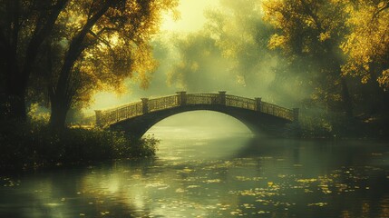 Autumnal bridge over misty river, park, golden light, serene scene, fantasy backdrop
