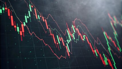 A conceptual digital artwork portraying the chaos of financial markets. Red and green candlestick charts swirl in a storm-like formation against a dark background, creating an abstract visualization o