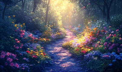 a tranquil pathway winds through a vibrant garden, bathed in sunlight and adorned with colorful blooms