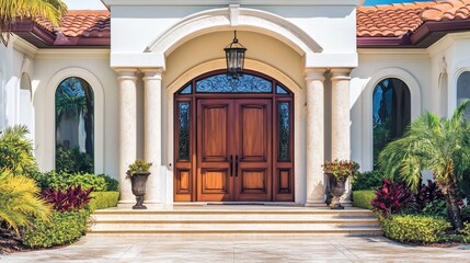 Grand entrance of a luxury house with a serene outdoor landscape, embodying elegance and tranquility.