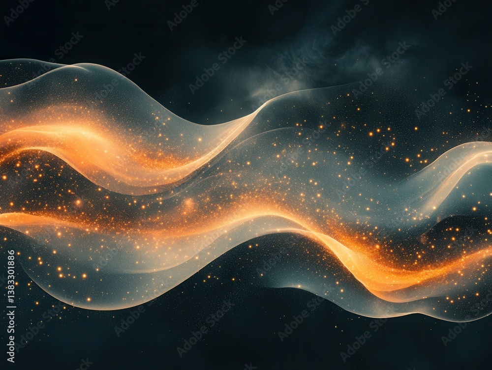 Poster ethereal luminous waves of light and sparkling particles on a dark background creating a magical atm