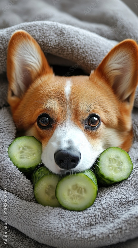 Poster charming corgi portrait with fresh cucumber slices and cozy gray blanket capturing a playful and hea