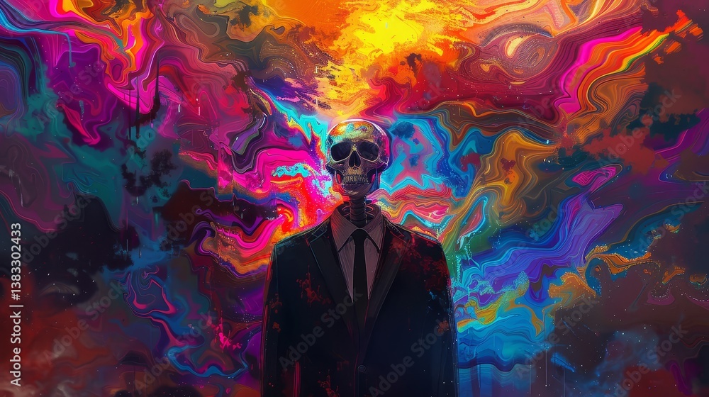 Poster skull in a suit against abstract background - a skeleton in a suit stands before a vibrant, colorful