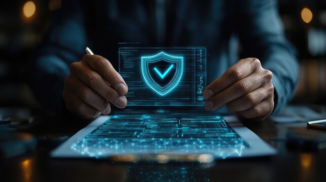Business professional holding virtual interface with document check mark and security shield icon, symbolizing simplified digital protection system in corporate technology environment
