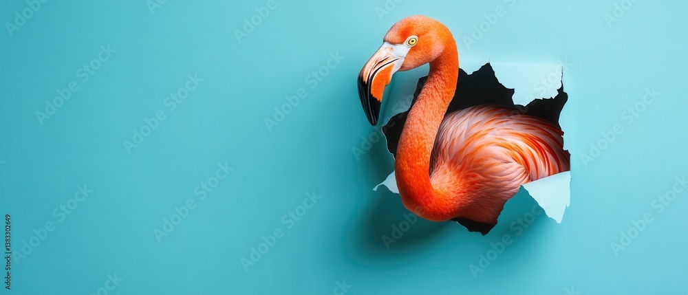Poster vibrant flamingo emerging from a torn turquoise paper backdrop creating a surreal and captivating im